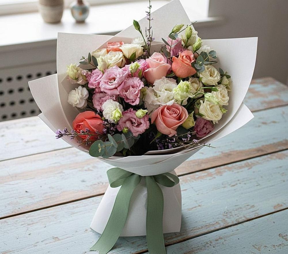 Букет цветов из: Розы, Лизиантусы и Гвоздики в Усолье