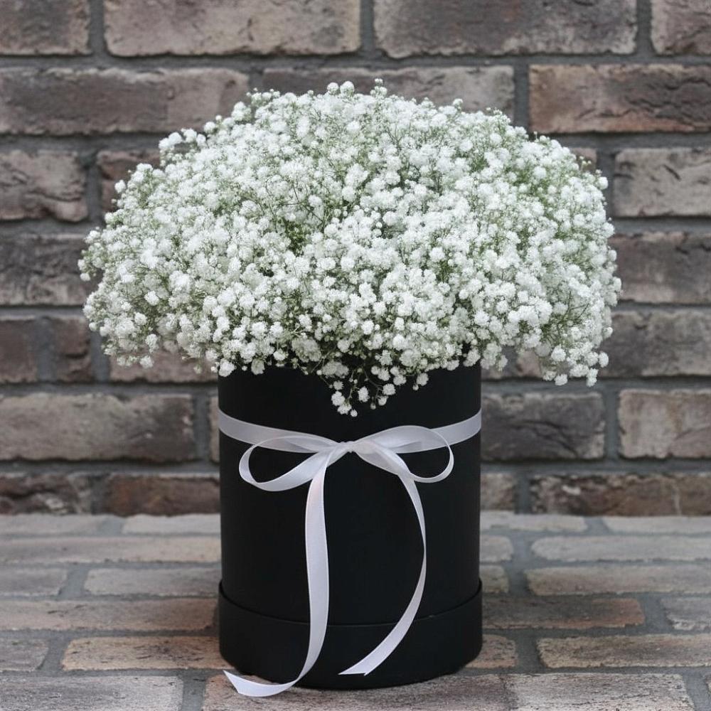 Цветочная композиция из Гипсофила в шляпной коробке в Усолье