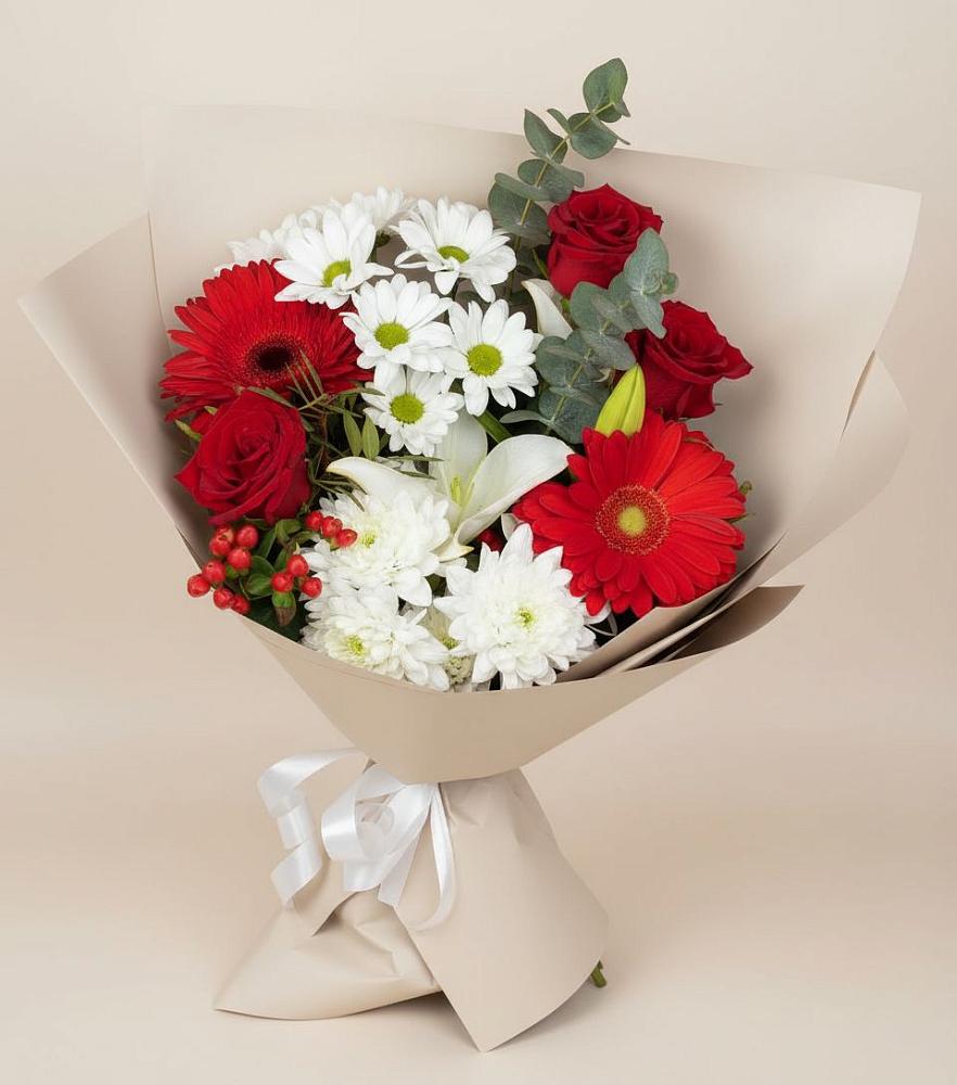 Букет цветов из: Розы, Хризантемы, Герберы и Лилии в Усолье
